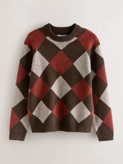 Brown/Red Regular Fit Argyle Pattern Crew Jumper with Wool