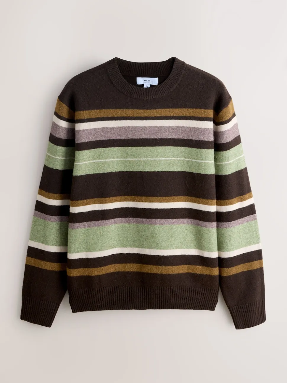 Brown/Sage Green Regular Fit Cosy Stripe Crew Jumper with Wool