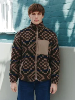 Brown/Tan Geometric Zip Through Printed Fleece