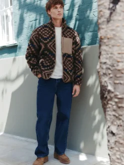 Brown/Tan Geometric Zip Through Printed Fleece