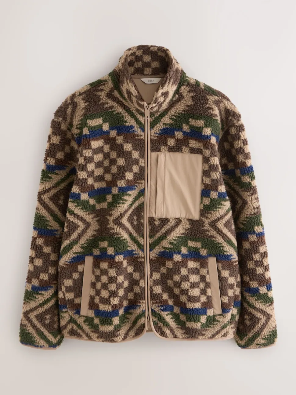 Brown/Tan Geometric Zip Through Printed Fleece