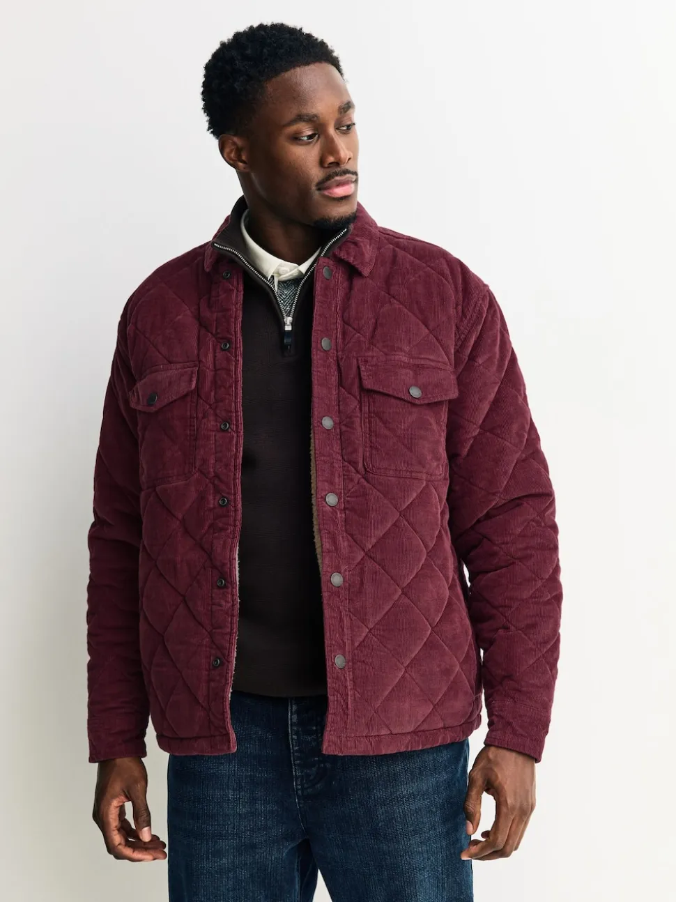 Burgundy Red Borg Lined Diamond Quilt Corduroy Shacket
