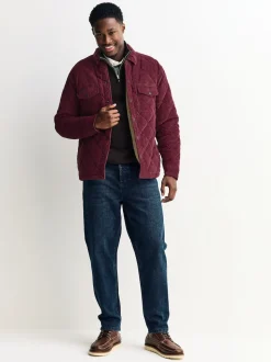 Burgundy Red Borg Lined Diamond Quilt Corduroy Shacket