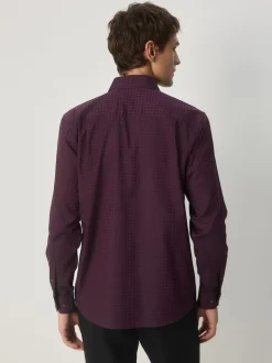 Burgundy Red Regular Fit Geometric Print Long Sleeve Smart Shirt