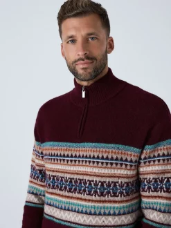 Burgundy Red Regular Fit Fairisle Pattern Chest Block Zip Neck Jumper