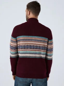Burgundy Red Regular Fit Fairisle Pattern Chest Block Zip Neck Jumper