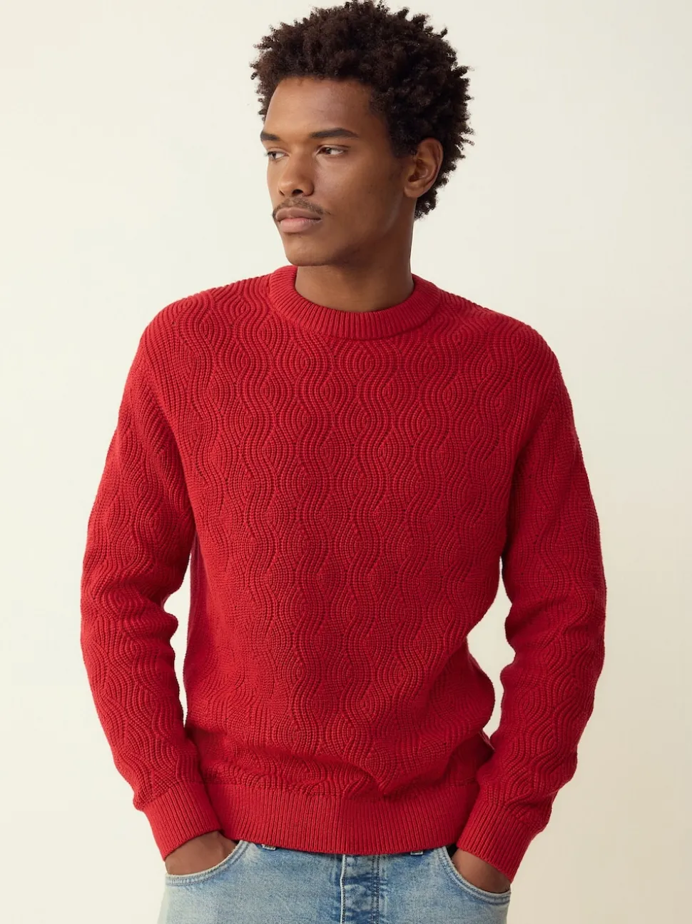 Burgundy Red Regular Fit Cotton Rich Wave Cable Crew Jumper