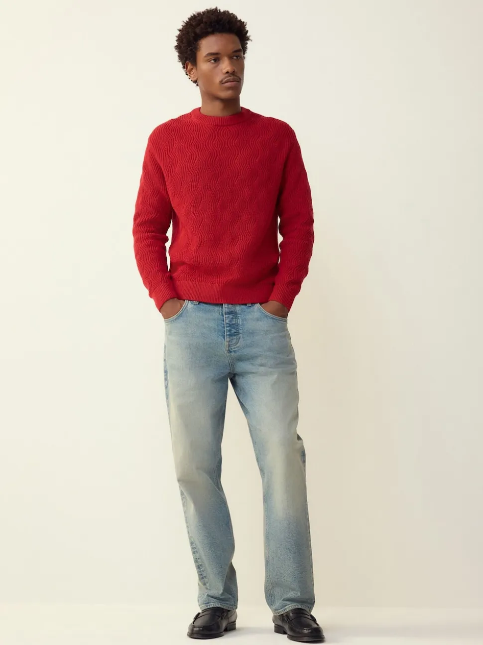 Burgundy Red Regular Fit Cotton Rich Wave Cable Crew Jumper