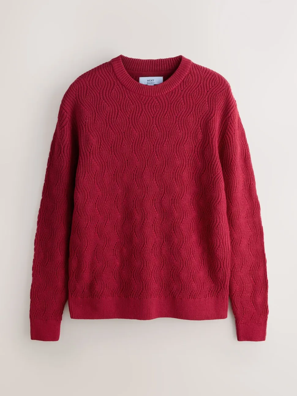 Burgundy Red Regular Fit Cotton Rich Wave Cable Crew Jumper