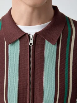 Burgundy Red Regular Fit Short Sleeve Stripe Zip Through Knitted Polo Shirt
