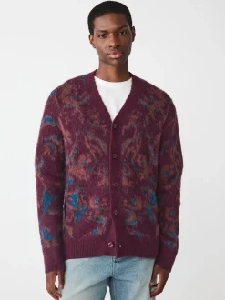 Burgundy Red Relaxed Fit Floral Pattern Cardigan