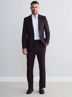 Burgundy Red Slim Fit Signature Zignone Italian Wool Cashmere Blend Flannel Suit Trousers