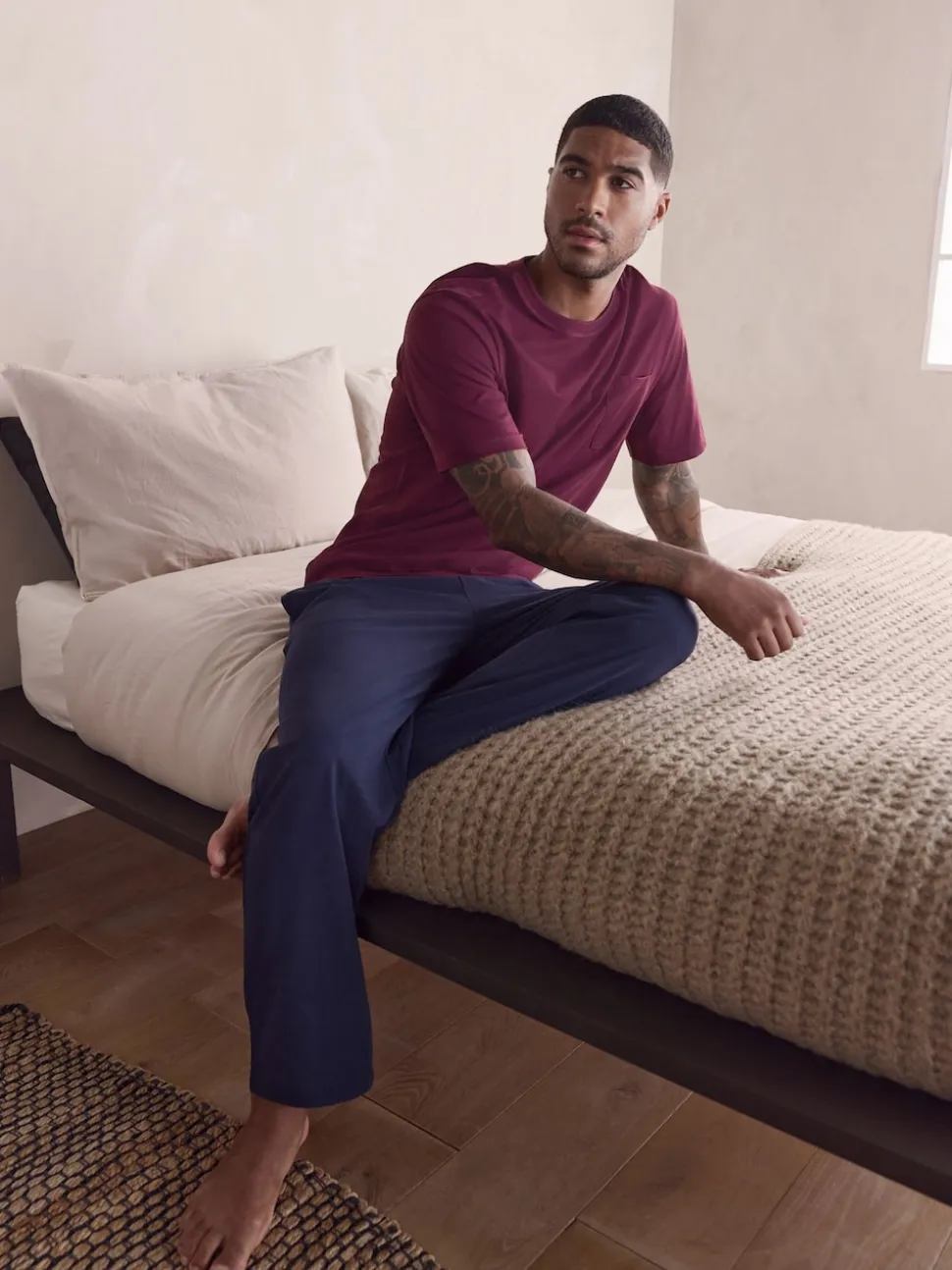 Burgundy Red/Navy Blue Short Sleeve Jersey Pyjamas Set