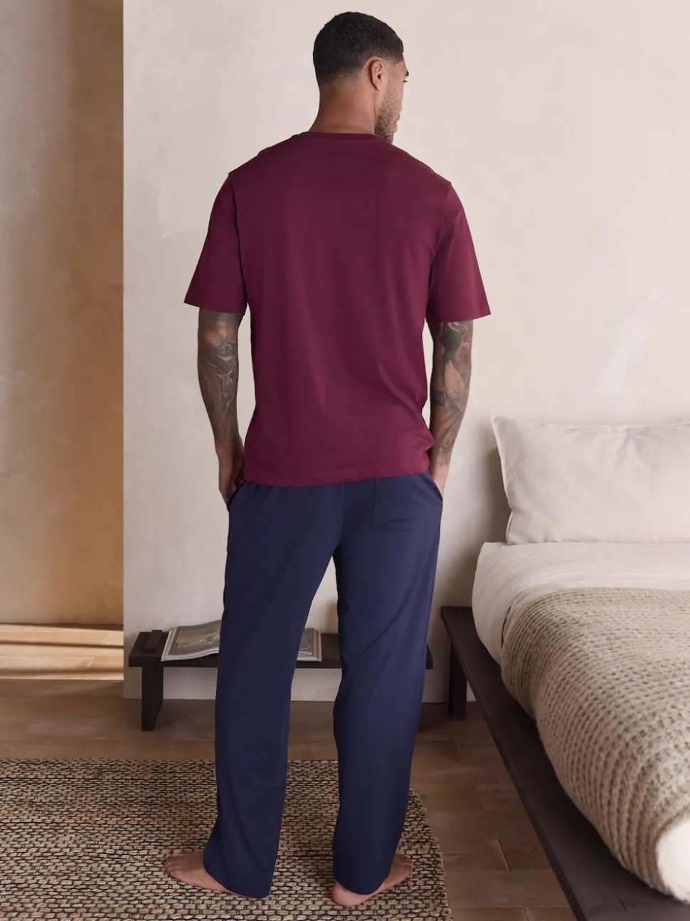 Burgundy Red/Navy Blue Short Sleeve Jersey Pyjamas Set
