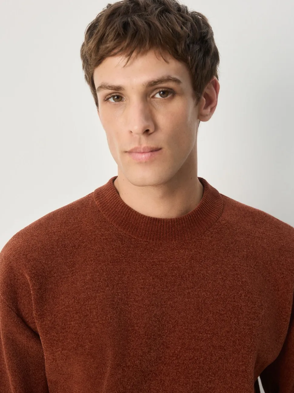 Burnt Orange Relaxed Fit Plain Chenille Crew Neck Jumper
