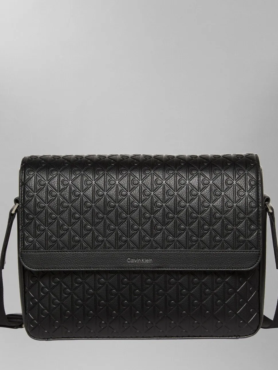 Calvin Klein Black Embossed Emblem Logo Flap Messenger Bag