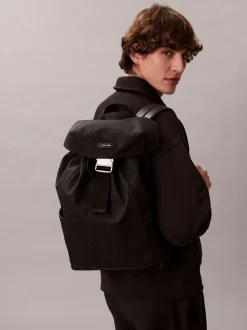 Calvin Klein Black Embossed Woven Flap Backpack