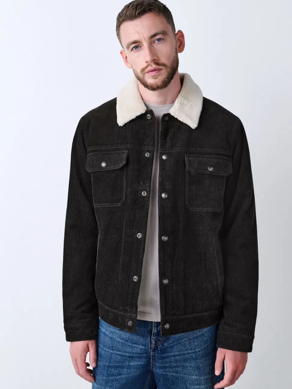 Charcoal Grey Corduroy Borg Lined Trucker Jacket