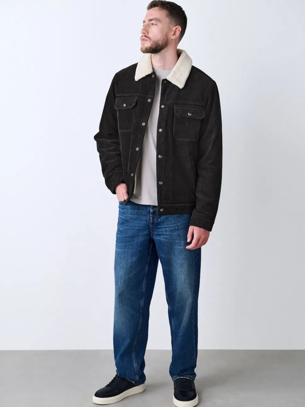 Charcoal Grey Corduroy Borg Lined Trucker Jacket