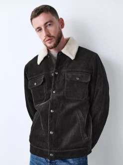 Charcoal Grey Corduroy Borg Lined Trucker Jacket