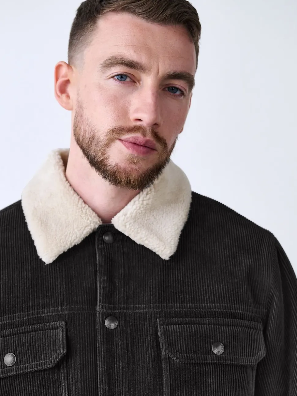 Charcoal Grey Corduroy Borg Lined Trucker Jacket