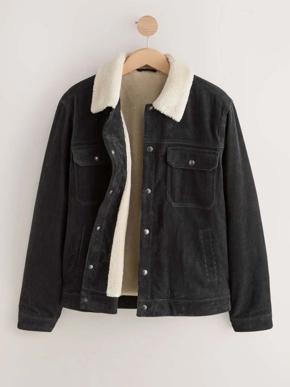 Charcoal Grey Corduroy Borg Lined Trucker Jacket