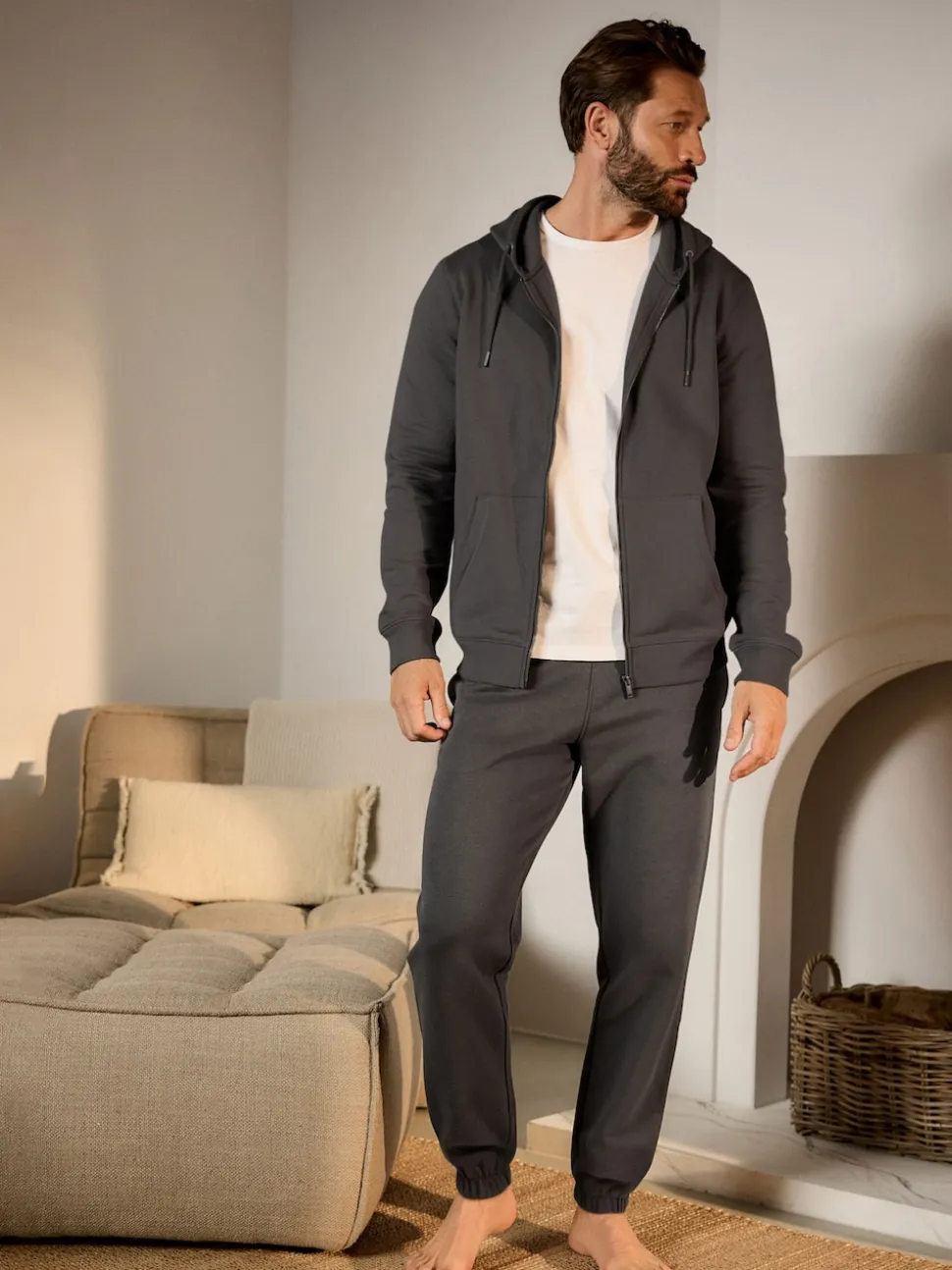 Charcoal Grey Cuffed Brushback Heavyweight Open Joggers