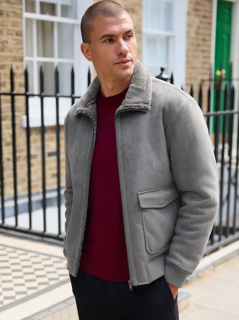 Charcoal Grey Faux Suede Borg Lined Jacket