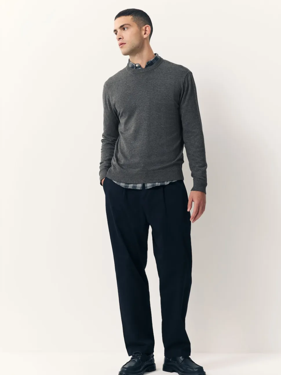Charcoal Grey Plain Regular Fit Cotton Rich Crew Neck Jumper