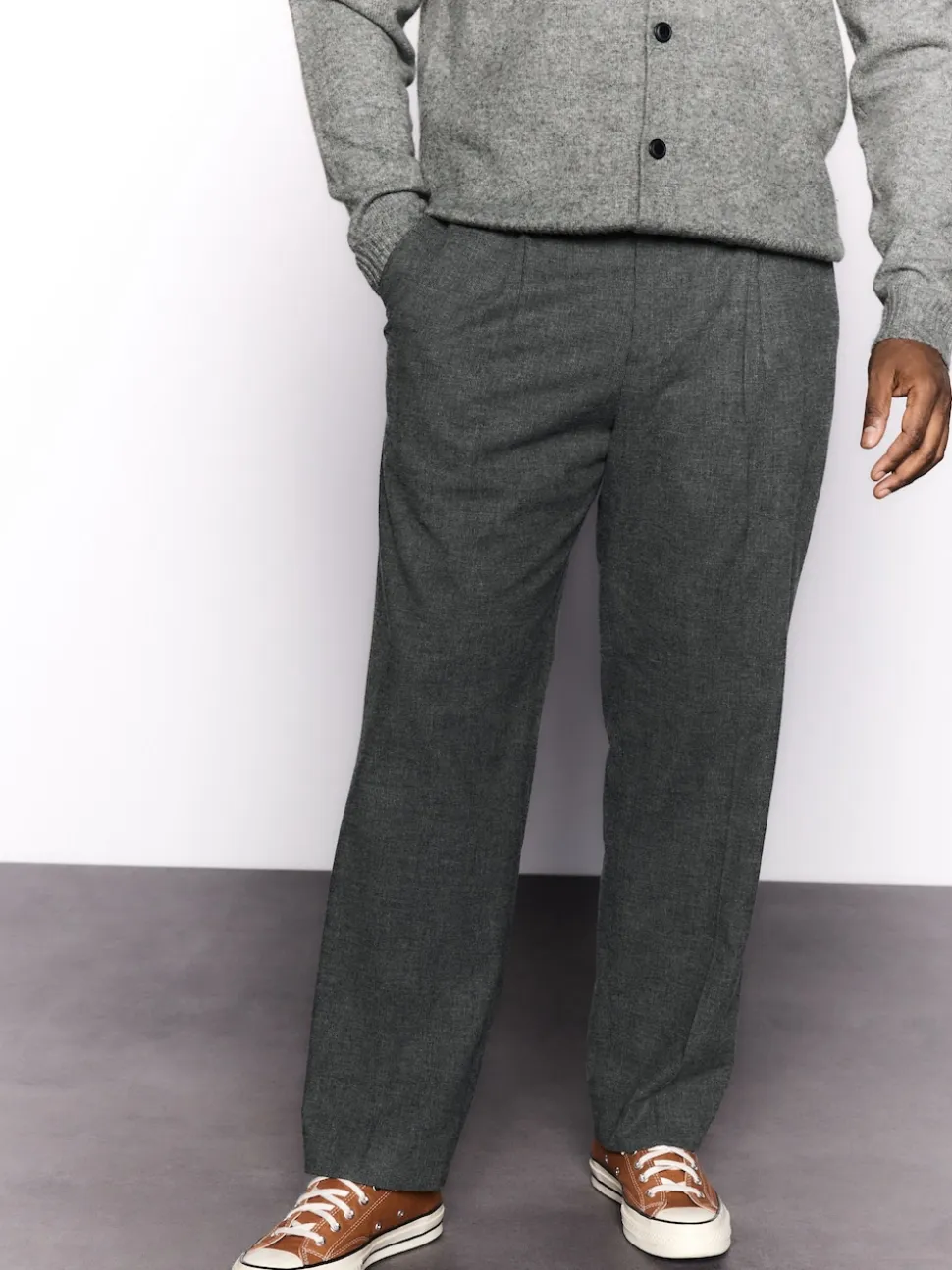 Charcoal Grey Regular Fit Smart Brushed Cotton Textured Trousers