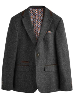 Charcoal Grey Regular Fit Wool Blend Trimmed Suit Jacket