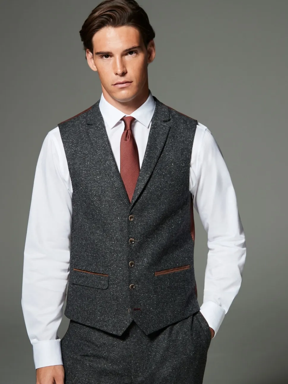 Charcoal Grey Regular Fit Wool Blend Trimmed Suit Waistcoat