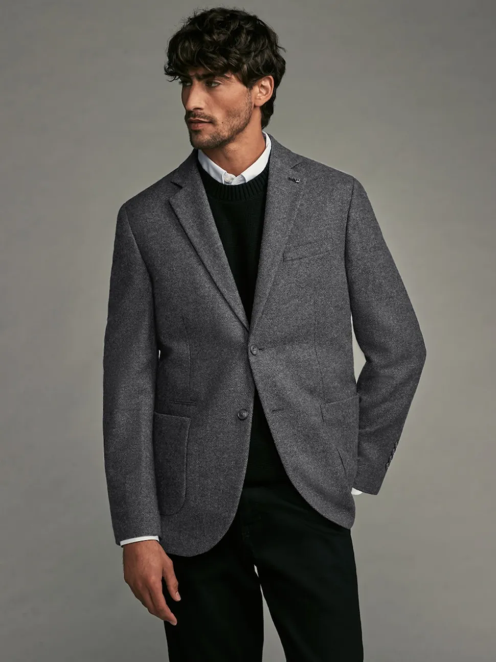 Charcoal Grey Regular Fit Wool Rich Herringbone Blazer