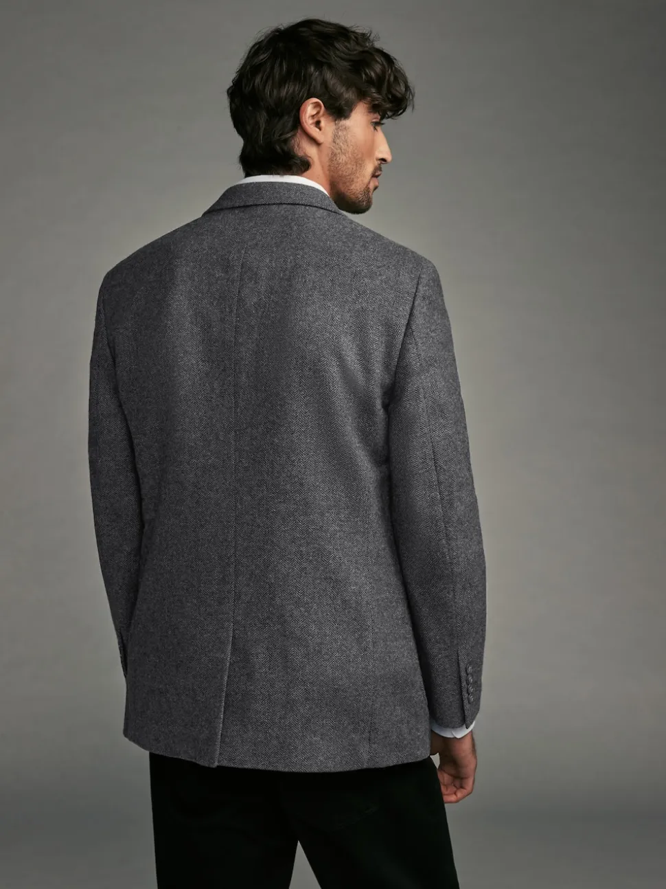 Charcoal Grey Regular Fit Wool Rich Herringbone Blazer
