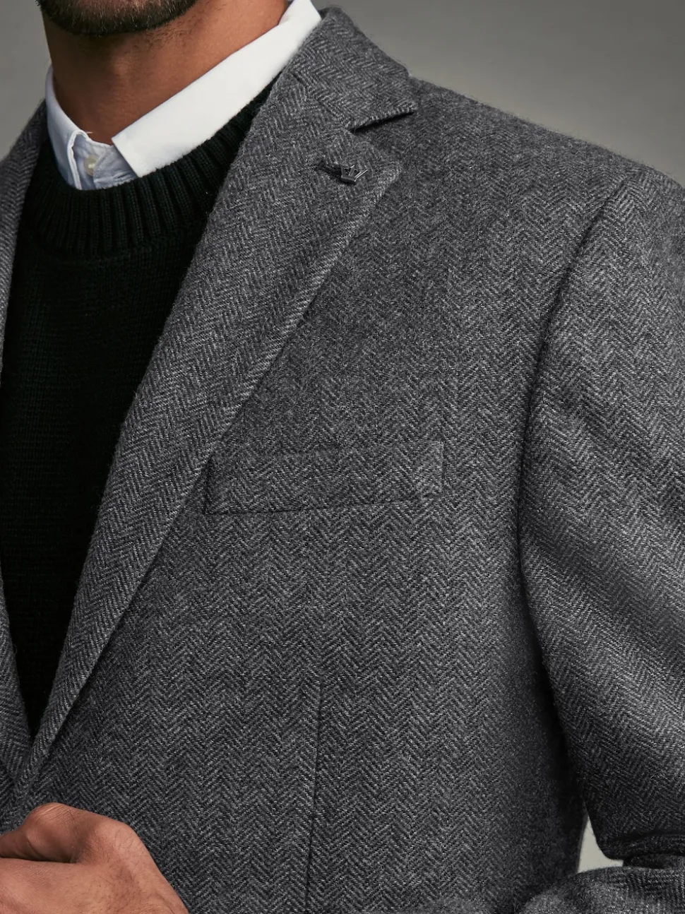 Charcoal Grey Regular Fit Wool Rich Herringbone Blazer