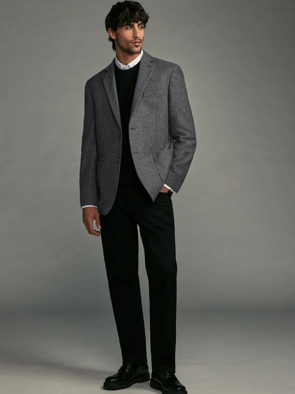 Charcoal Grey Regular Fit Wool Rich Herringbone Blazer