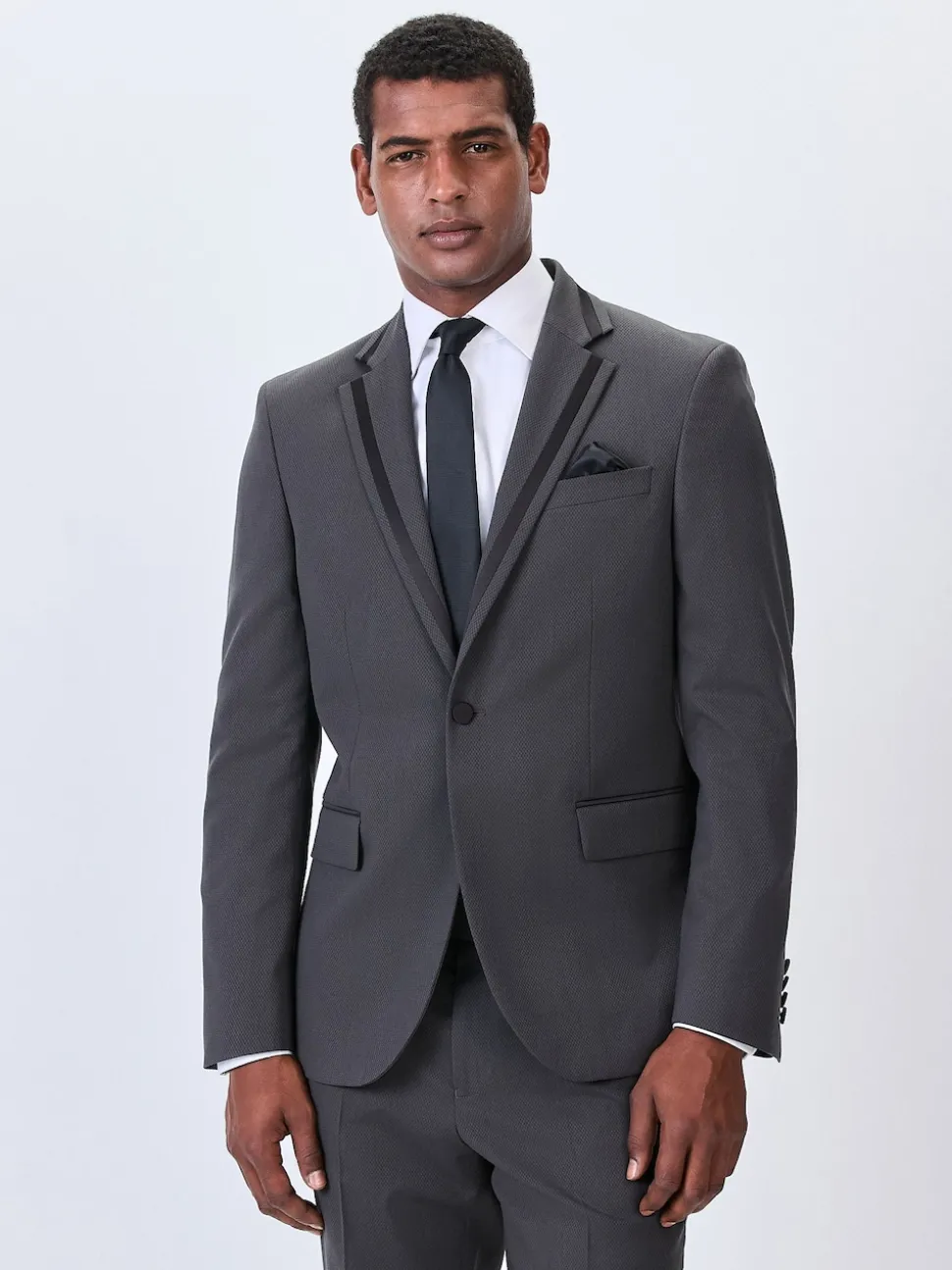 Charcoal Grey Skinny Fit Inset Lapel Detail Tuxedo Suit Jacket