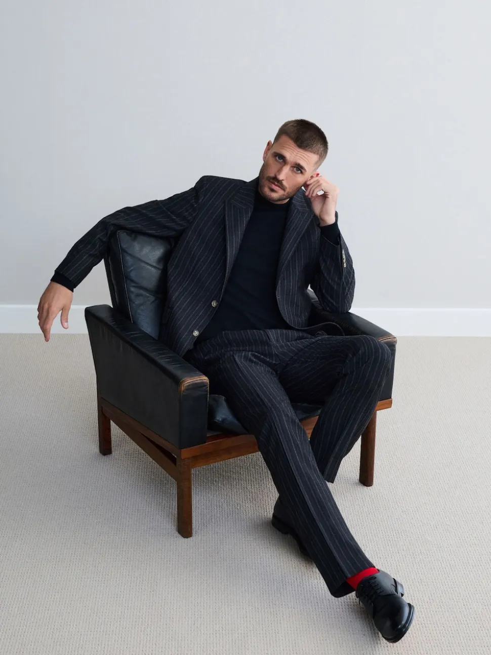 Charcoal Grey Tailored Fit Tailored Fit Signature Empire Mills 100% British Wool Stripe Suit Jacket