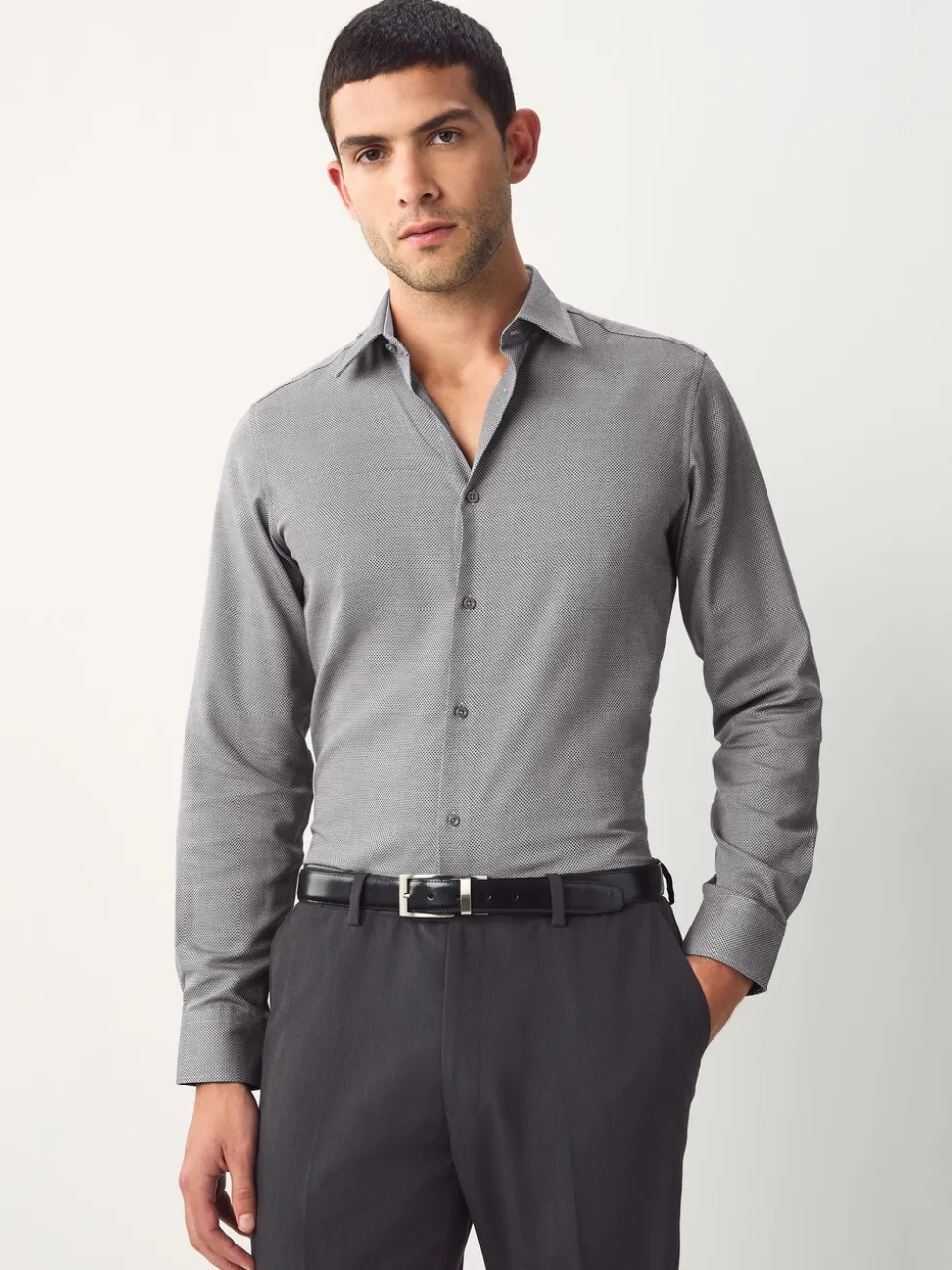 Charcoal Grey Texture Slim Fit Easy Care Textured Trimmed Shirt
