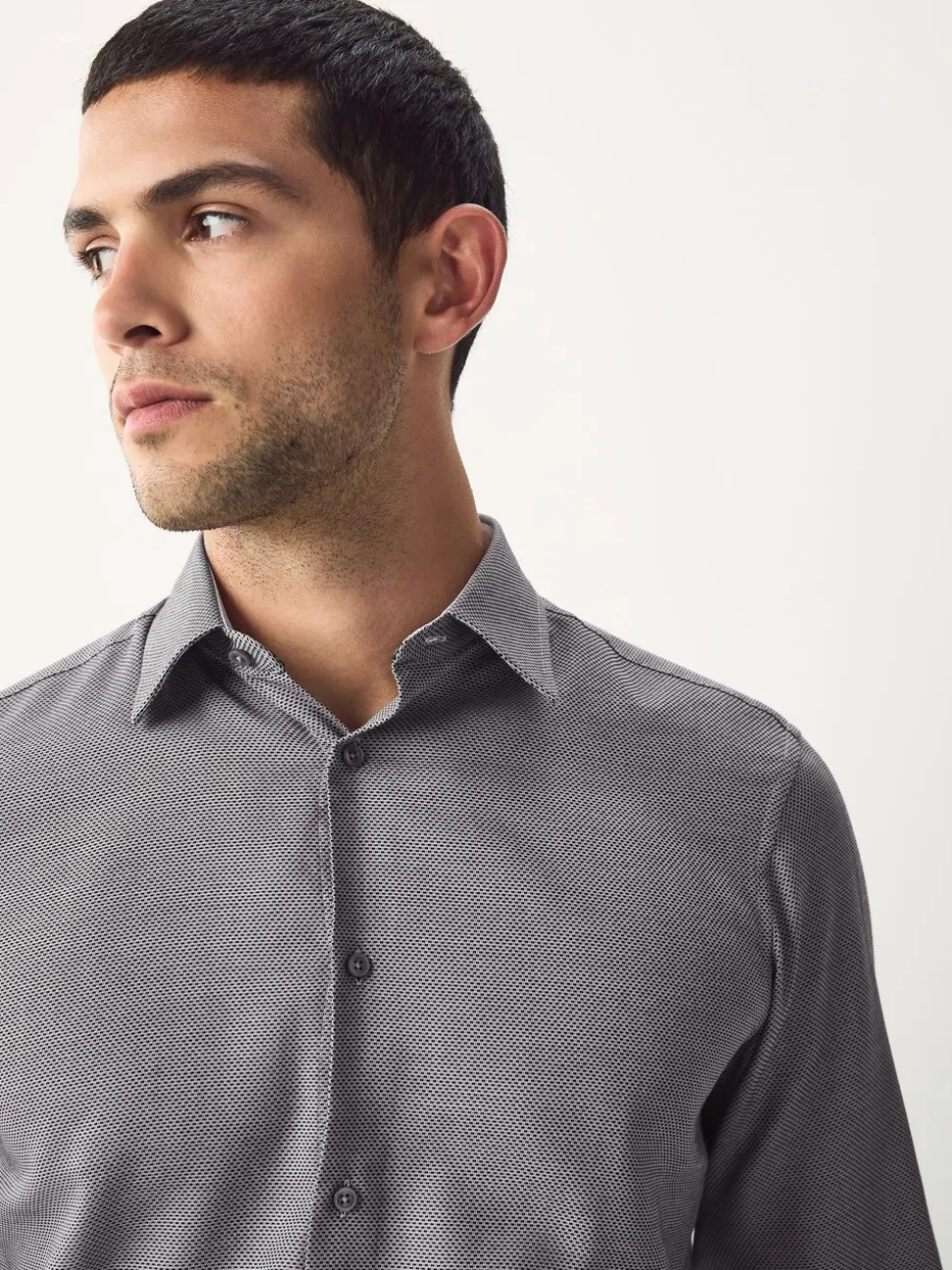Charcoal Grey Texture Slim Fit Easy Care Textured Trimmed Shirt