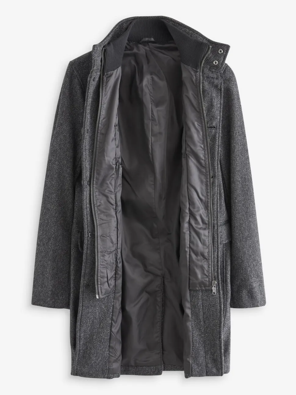 Charcoal Grey Wool Blend Mock Gilet Herringbone Padded Coat
