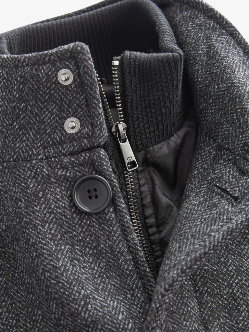 Charcoal Grey Wool Blend Mock Gilet Herringbone Padded Coat