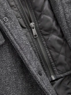 Charcoal Grey Wool Blend Mock Gilet Herringbone Padded Coat