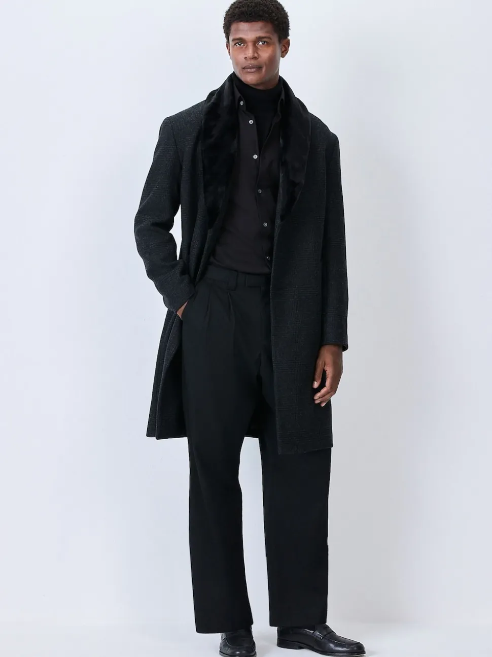 Charcoal Grey Wool Rich Check Epsom Coat With Fur Trim Lapel