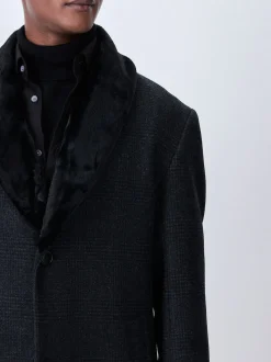 Charcoal Grey Wool Rich Check Epsom Coat With Fur Trim Lapel