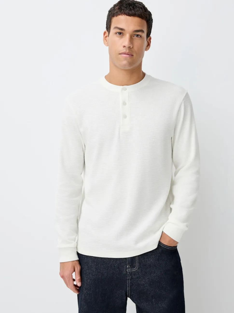 Charcoal Grey/Ecru White Long Sleeve Grandad Collar T-Shirts 2 Pack