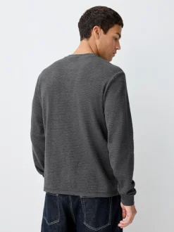 Charcoal Grey/Ecru White Long Sleeve Grandad Collar T-Shirts 2 Pack
