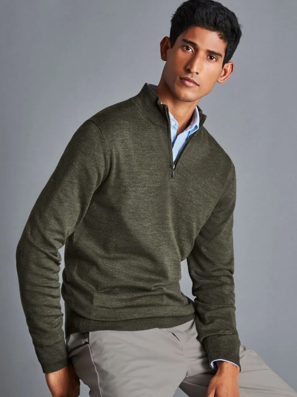 Charles Tyrwhitt Green Pure Merino Quarter Zip Jumper