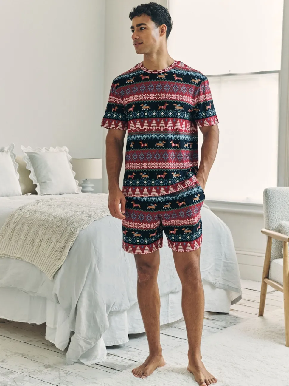 Chelsea Peers Blue Christmas Dog Fairisle Print Short Pyjamas Set