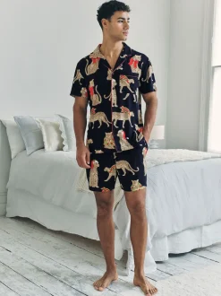 Chelsea Peers Blue Christmas Leopard Print Short Pyjamas Set